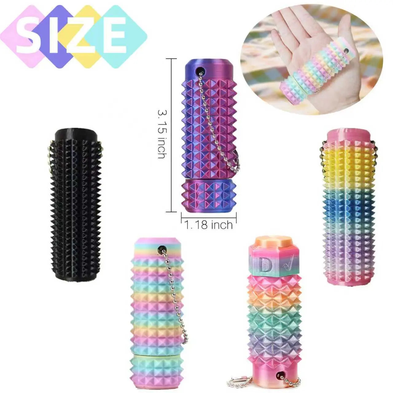 2RD GEN Stress Relief Fidget Keychain 28g --Thick Spike Blue-Green Grip, Rotatable Bearing For Focus & Palm Massage,